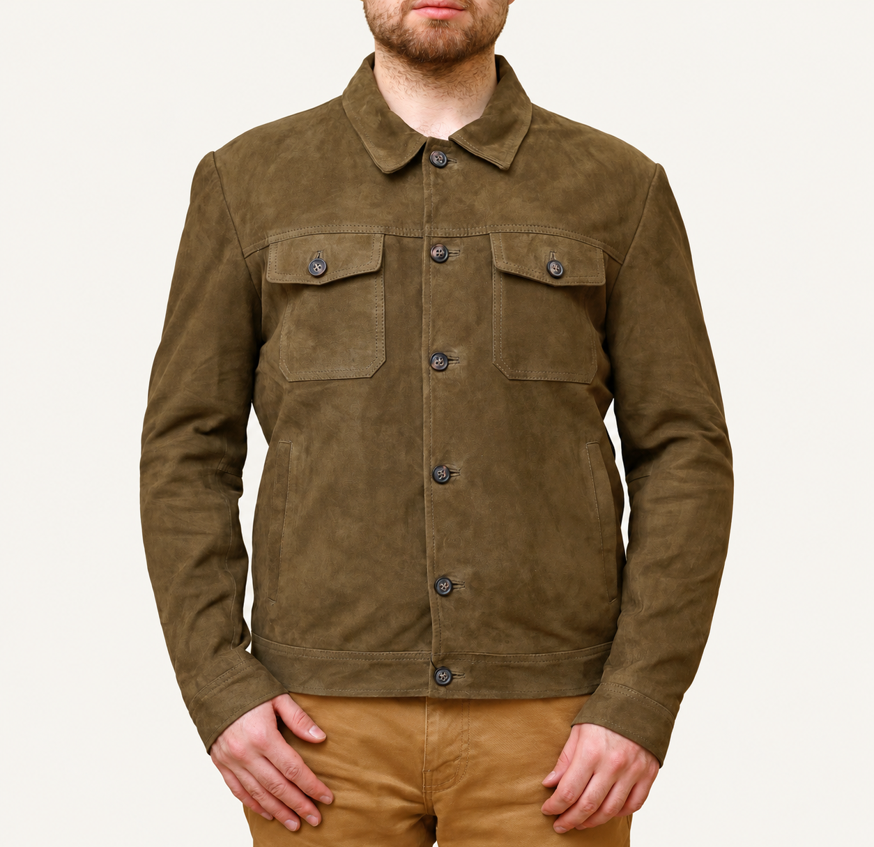 Men's Vintage Olive Brown Suede Leather Trucker Jacket – Classic Button-Front Design
