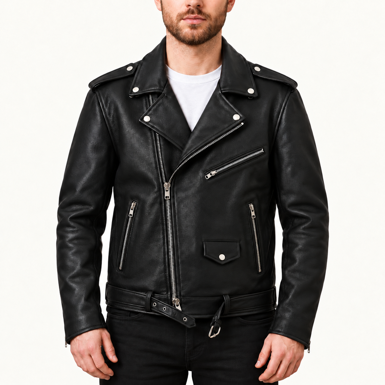 Men's Classic Black Leather Biker Jacket – Asymmetrical Zip Motorcycle Jacket with Belted Waist