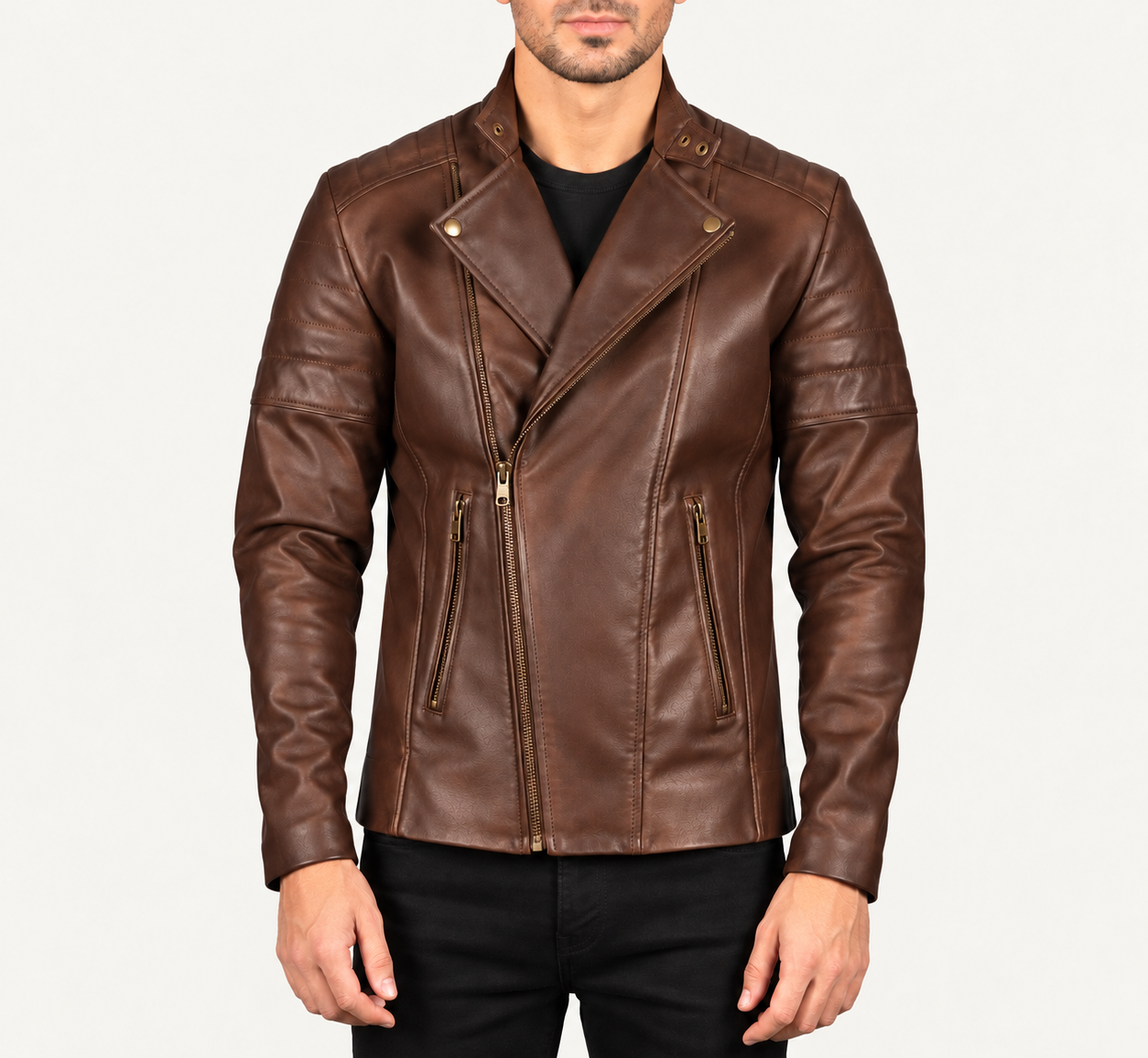 Men's Vintage Brown Leather Biker Jacket – Asymmetrical Zip Motorcycle Jacket