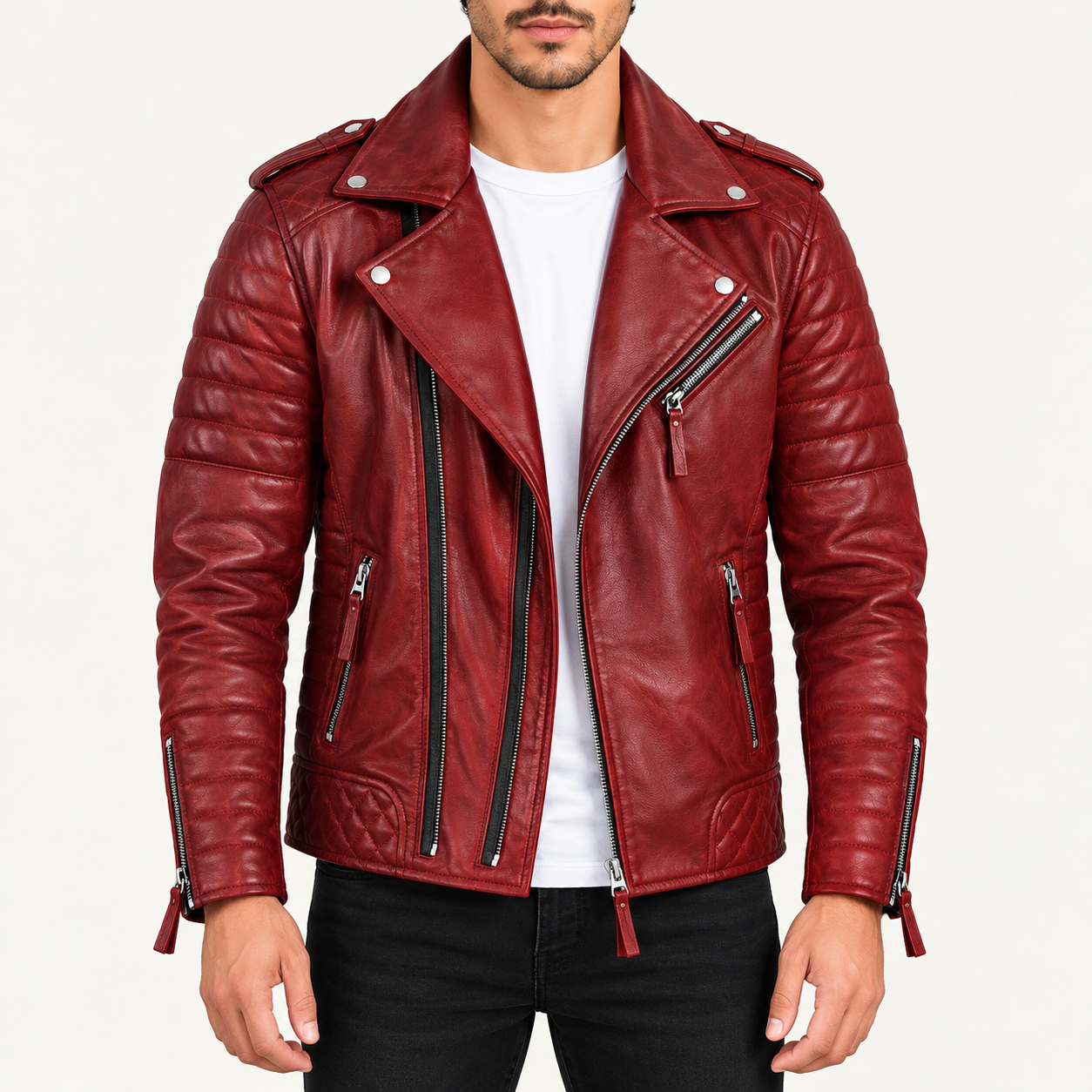 Men's Crimson Red Quilted Leather Biker Jacket – Classic Asymmetrical Motorcycle Style
