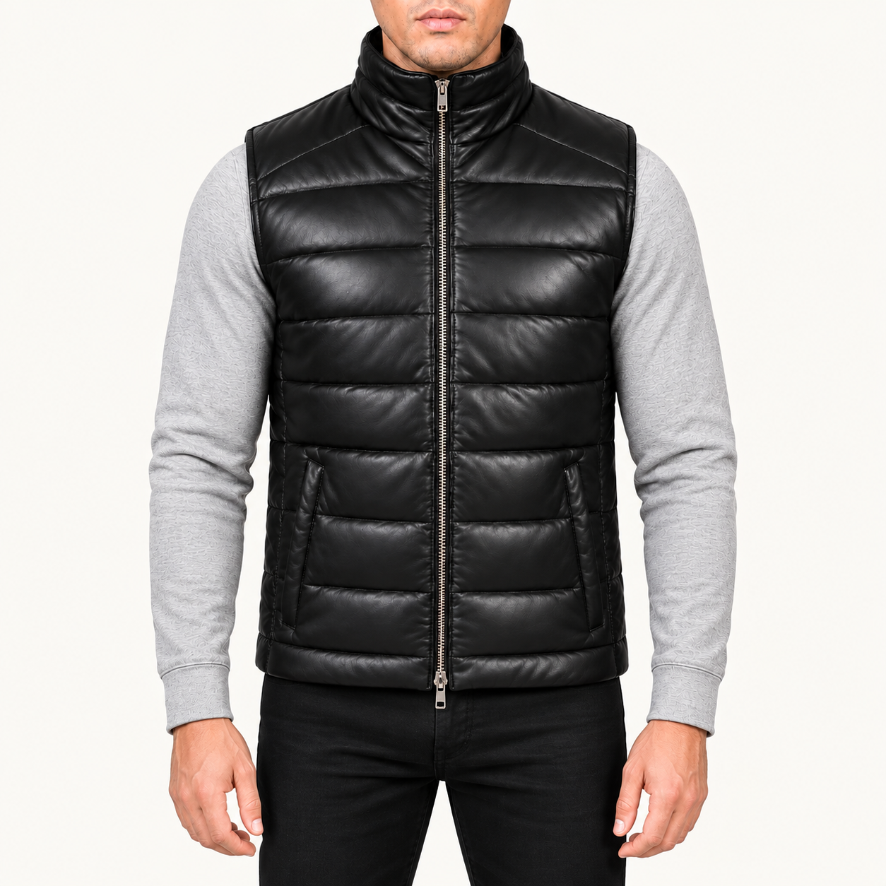 Men's Black Quilted Leather Puffer Vest – Sleeveless Zip-Up Gilet