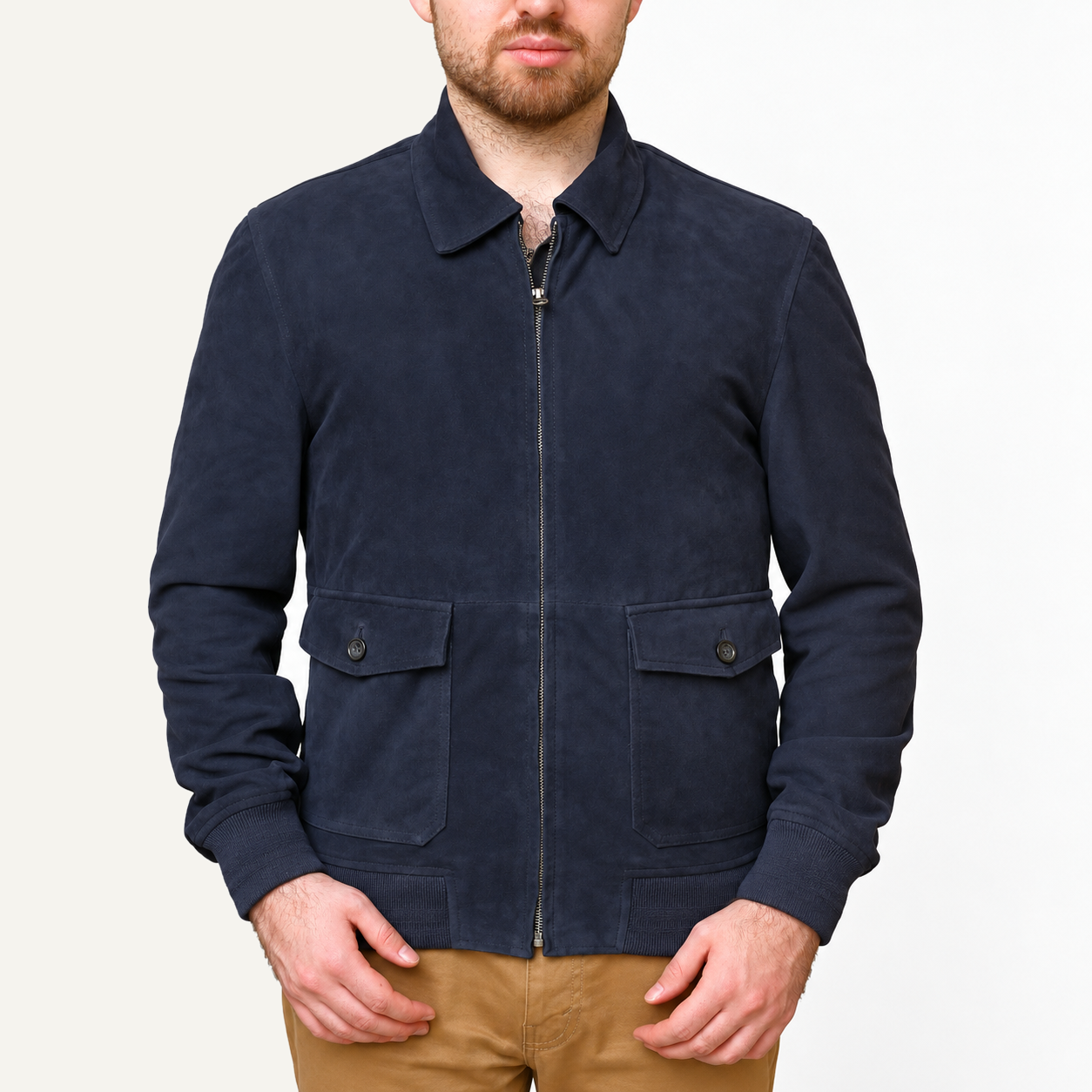 Men's Classic Navy Blue Suede Leather Bomber Jacket – Zip-Up Jacket with Utility Pockets