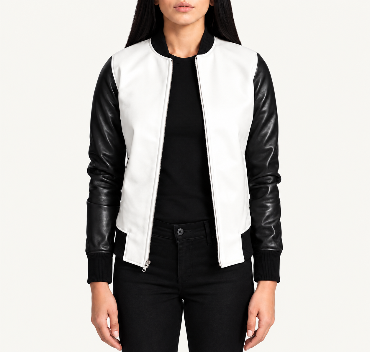 Black and White Women's Black & White Leather Bomber Jacket – Classic Two-Tone Style