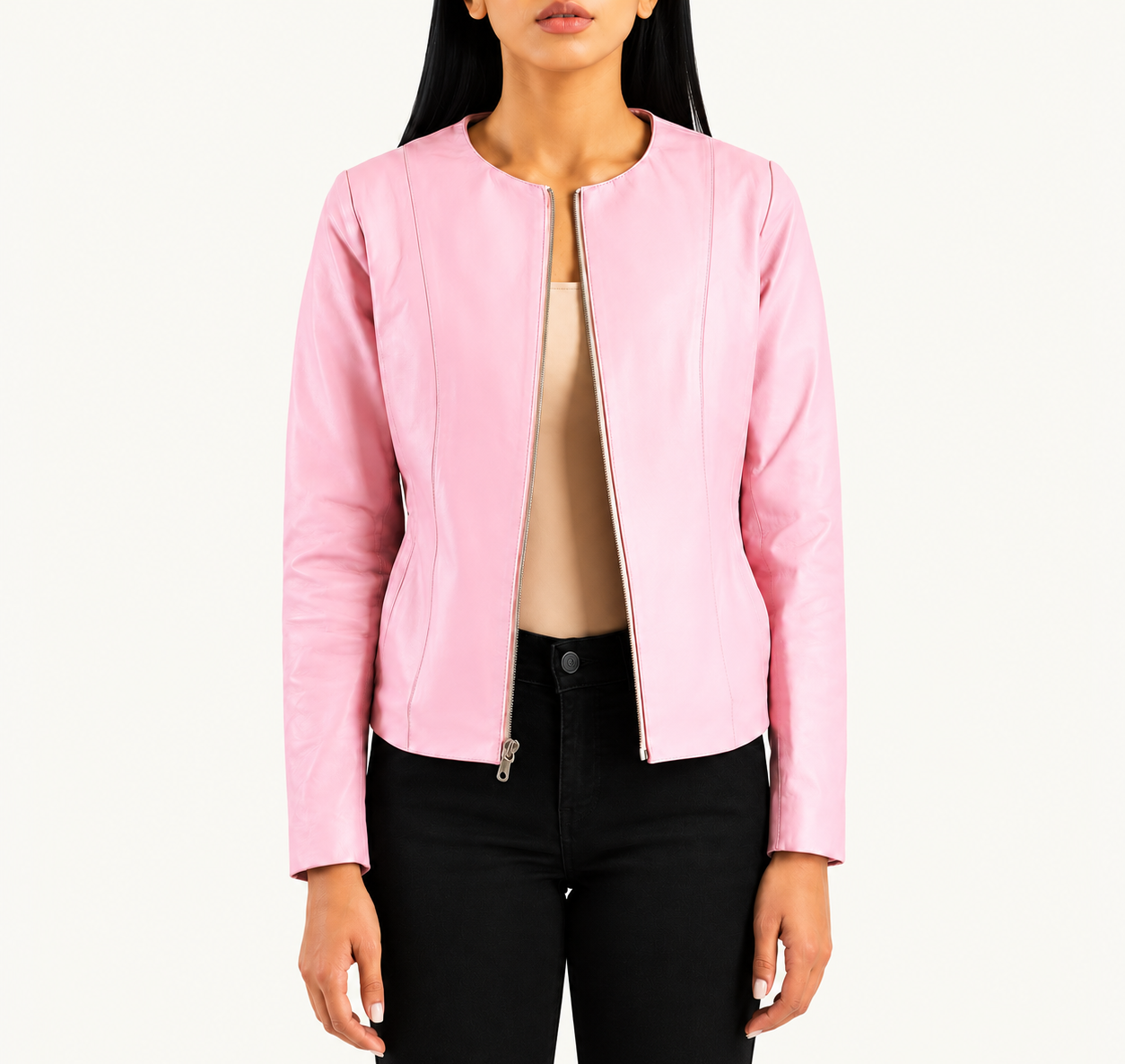 Women's Pastel Pink Leather Jacket – Classic Collarless Zip-Up Jacket