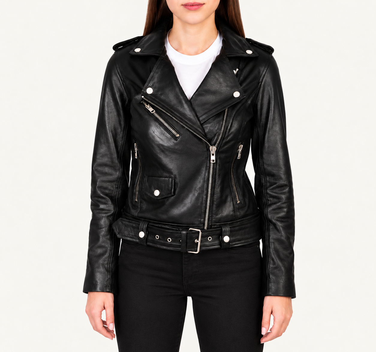 Women's Classic Black Belted Leather Biker Jacket – Asymmetrical Zip Motorcycle Style