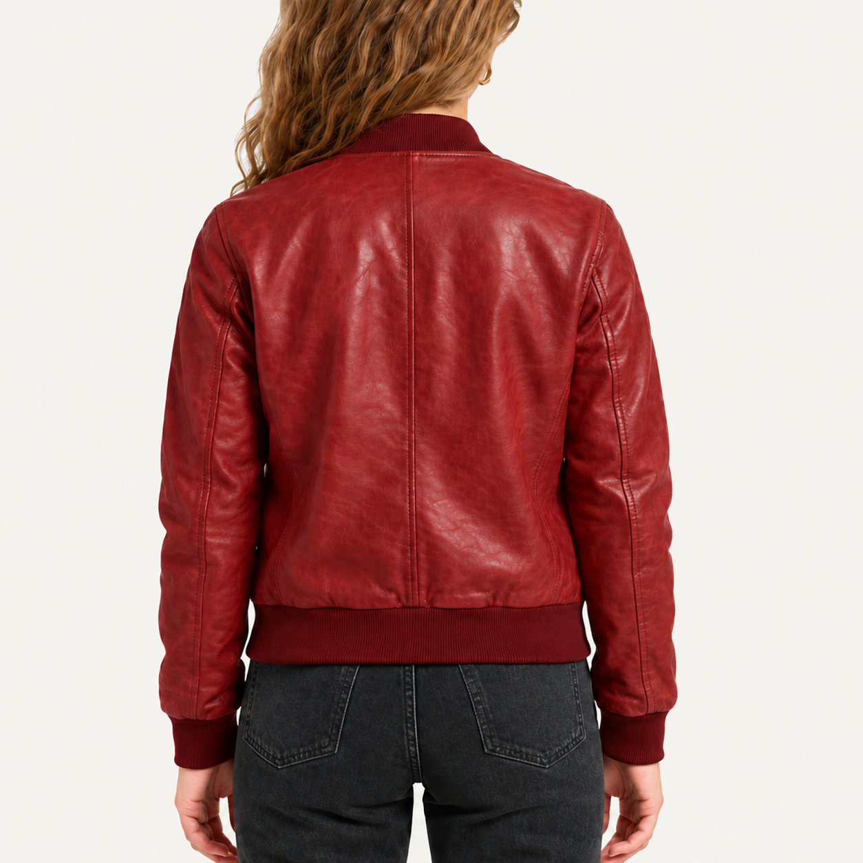 Women's Classic Burgundy Red Leather Bomber Jacket – Zip-Up Jacket with Ribbed Cuffs Gallery