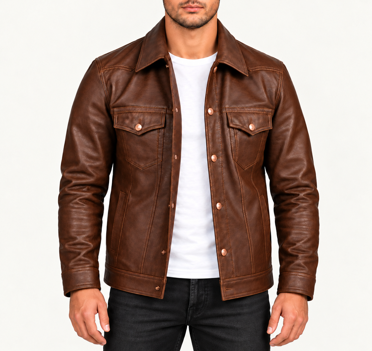 Men's Vintage Brown Leather Trucker Jacket – Classic Button-Front Design
