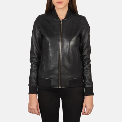 WomensBlissBlackLeatherBomberJacketCloseFront 5 1659378668469