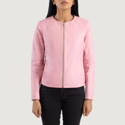 WomensElixirPinkCollarlessLeatherJacketCloseFront 5 1686934263366