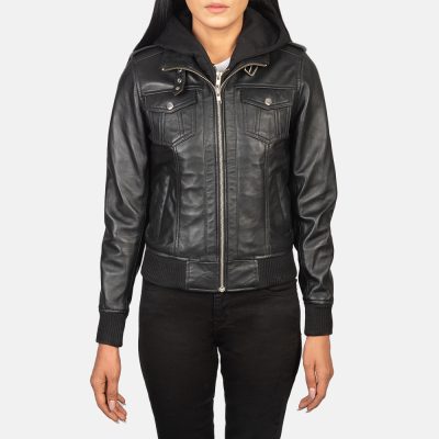 WomensRoslynBlackHoodedLeatherBomberJacketCloseFront 5 1652251394662