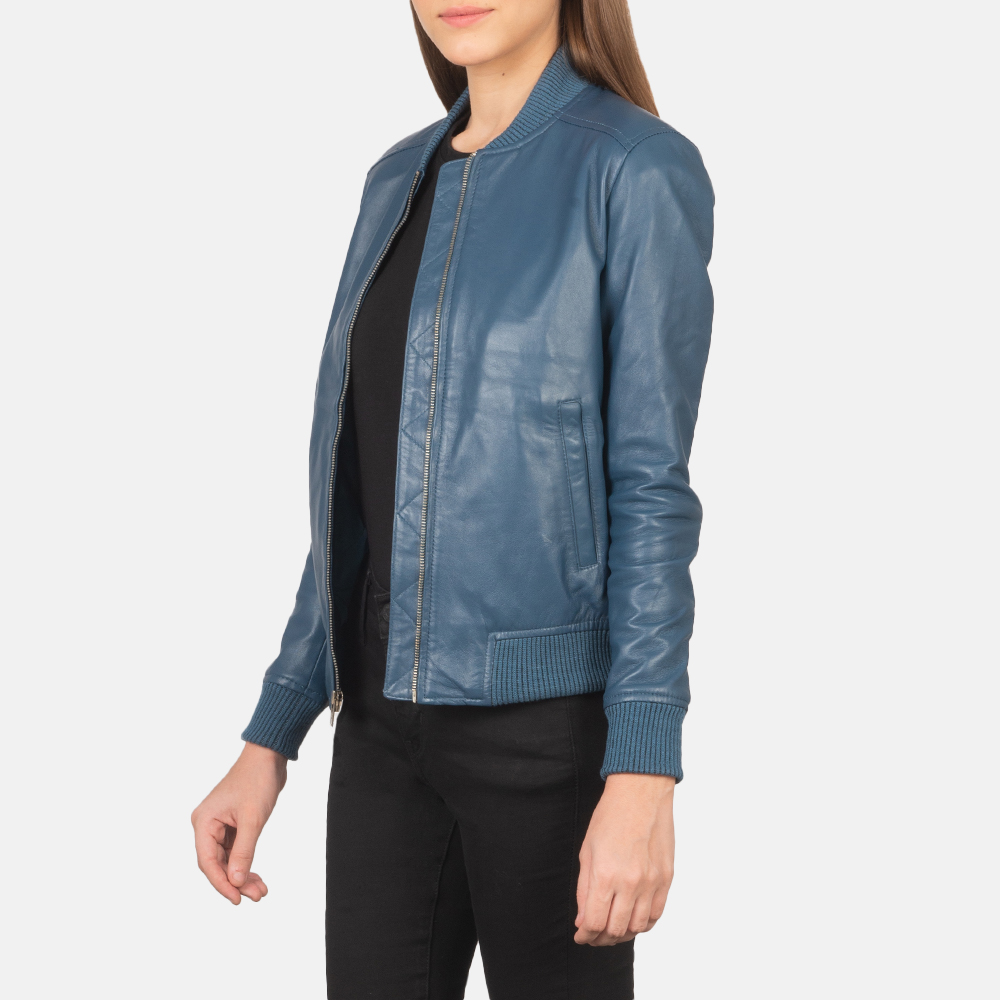 Bliss Blue Leather Bomber Jacket 2